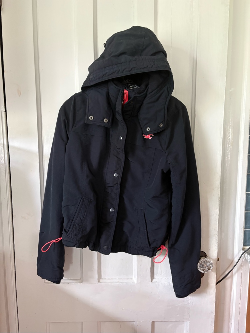 Hollister Black Hooded Bomber Jacket with Neon Accents